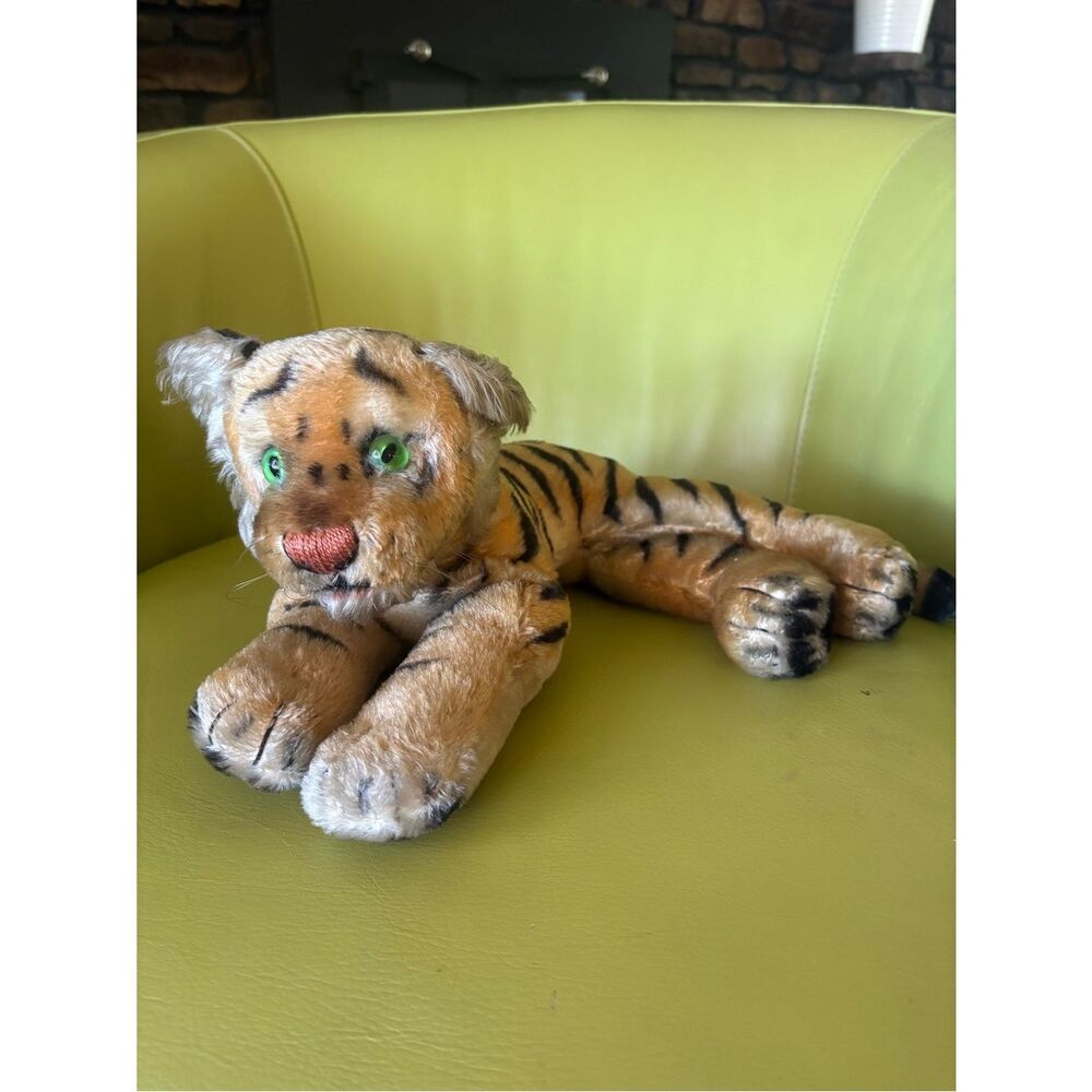Steiff Vintage Mohair Tiger Stuffed Animal Plush Green Eyes Laying Tiger